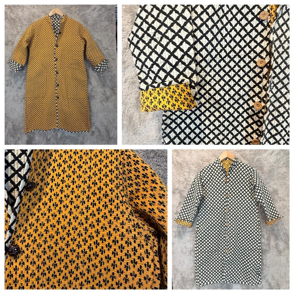 African Reversible Quilted Long Duster Overcoat Trench Coat Buttons Ankara M